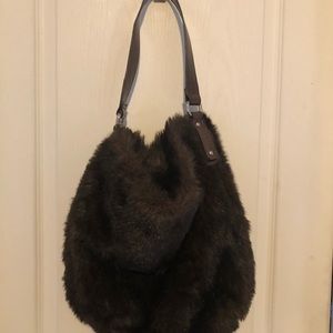 Bath & Body Works Faux Fur Tote Bag deep brown purse big shoulder bag teddy bear